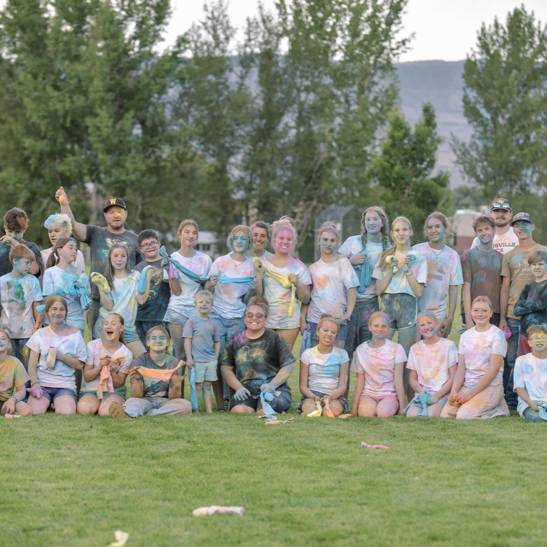 The whole MVF Students group covered in colour after the color run in Heber City